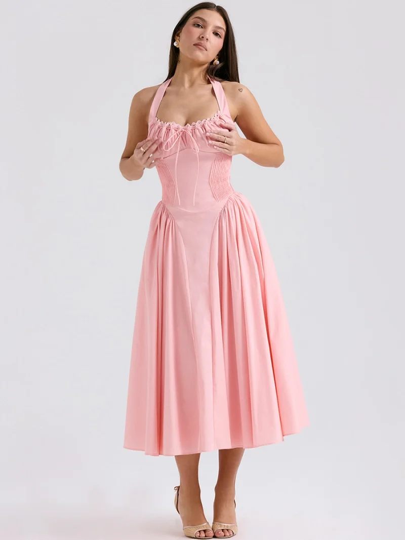 

Halter Printing Vacation Style Women's Evening Dress Lace Up Pleated Bandage Gown Multiple Colours Slim Party Skirt In Stock