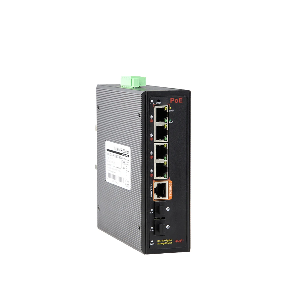 Gigabit 6 Port L2+ Managed Industrial bt PoE Switch 4 RJ45 port+ 2 SFP 6KV ERPS Ring Support NMS APP VLAN DC44-57V DIN Rail