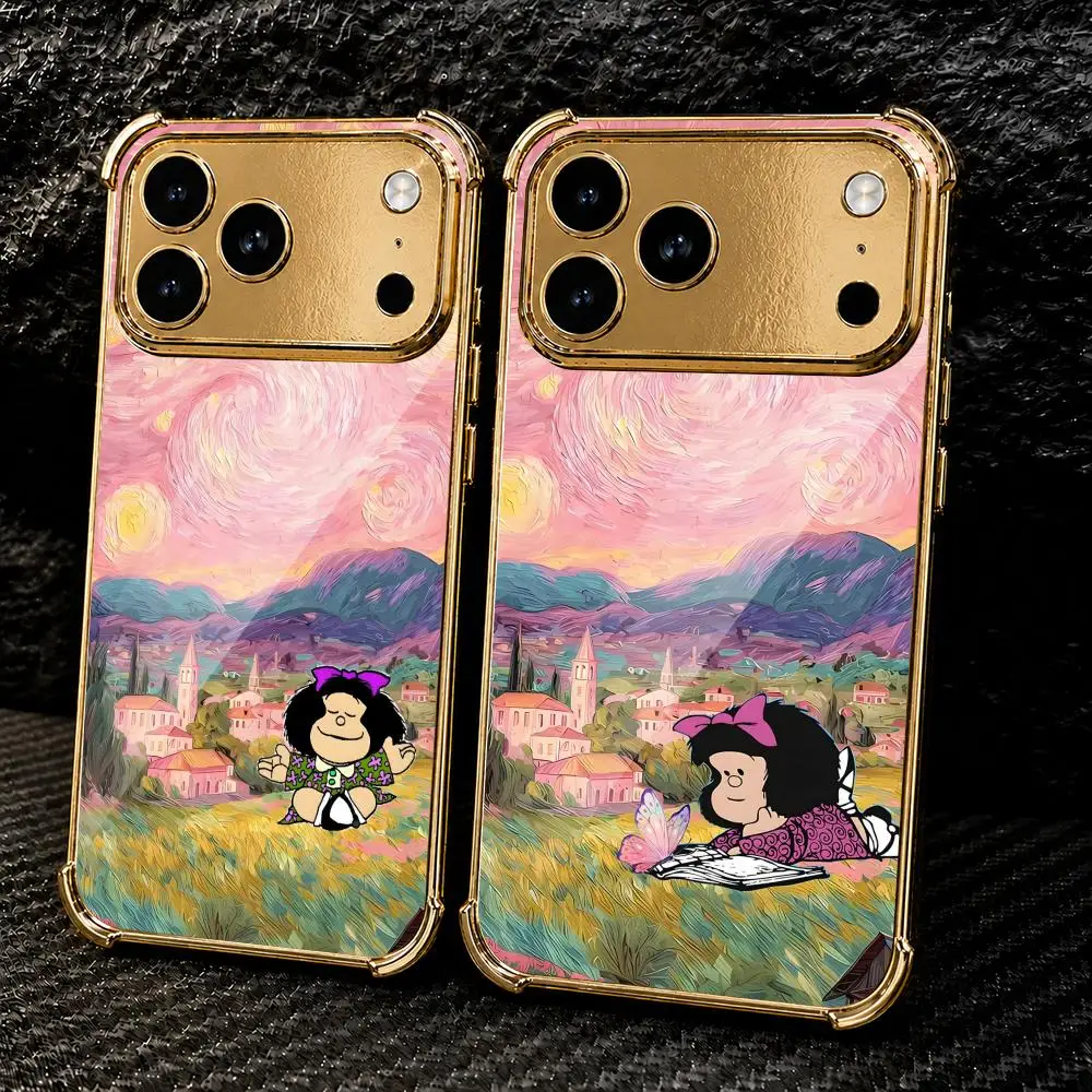 Anime Cartoon M-Mafalda Phone Case For IPhone 18 17 16 15 14 13 12 Pro Max Plus Electroplated Metal Frame Airbag Corner Cover