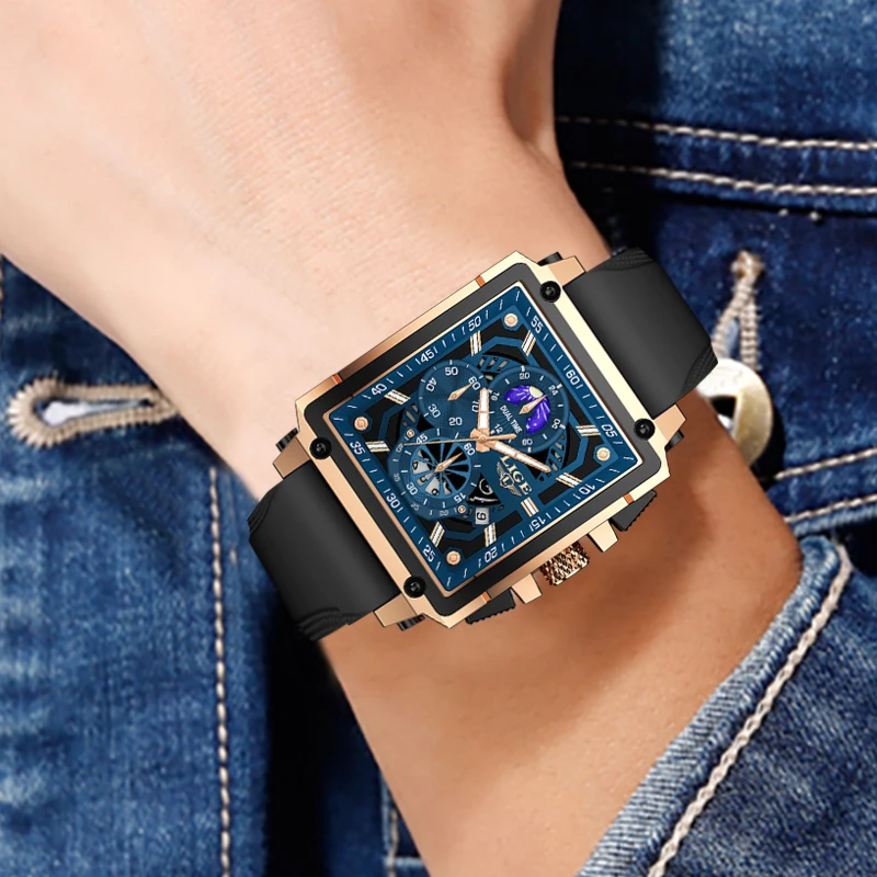 LIGE Military Mens Watch Fashion Sport Calendar Quartz Watches Men Waterproof Moon Phase Chronograph Silicone Strap Man Watch