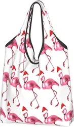 Kitchen Reusable Grocery Bags Holiday-Flamingos-Xmas-Gifts Shopping Bags Washable Foldable Carry Pouch Tote Gift Bags Durable