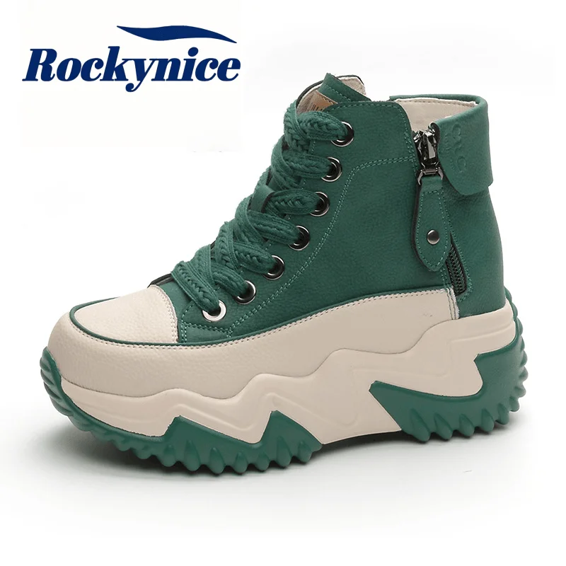 Women's Autumn Winter Genuine Leather Ankle Boots High Top Chunky Sneakers 7CM Wedge Heels Casual Walking Shoes Warm Snow Boots