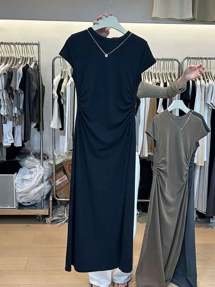 Grande taille 300 Pou été minceur plissé Anti-âge T-shirt femmes Midi Dr décontracté coréen Sle coupe ample rond Ne S...