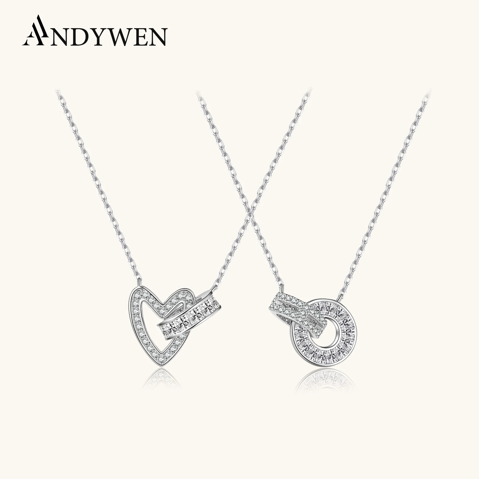 

ANDYWEN 925 Sterling Silver Anniversary Gift Idea: Necklace Matched Heart Circle Pair With CZ Zircon Luxury Jewelry For Women