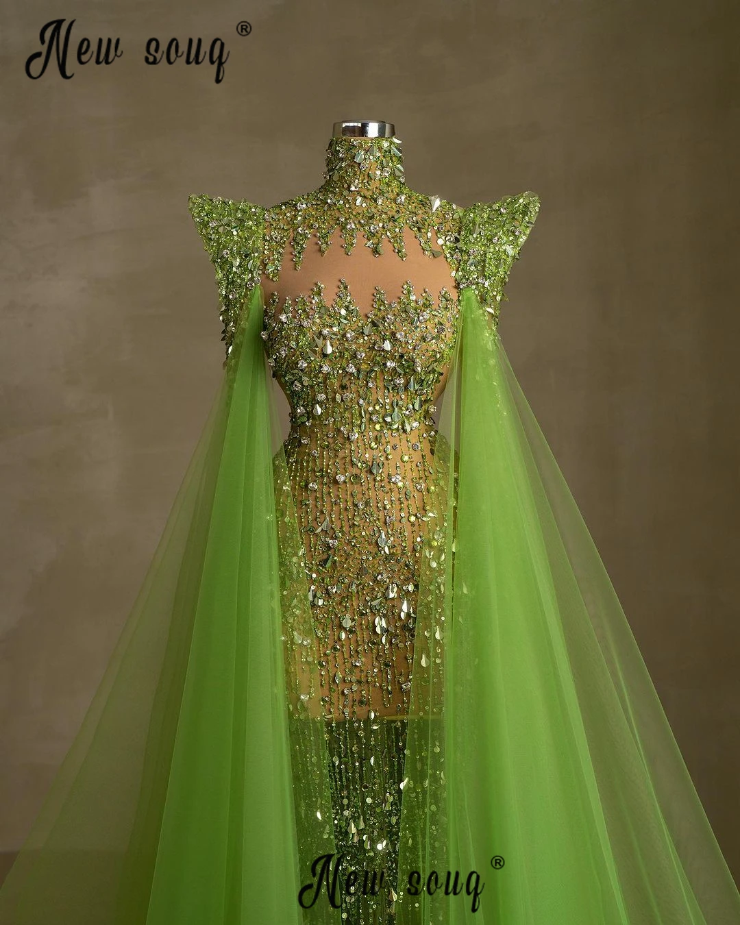 Lime Sparkle Beaded See Through Evening Dress Long Tulle Cape Sleeves Party Dresses Women Dubai Fashion  Special Occasion Gowns