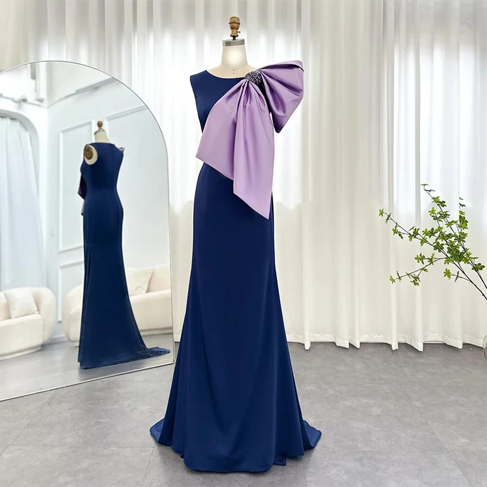 

DRESS FORU Blue Elegant Evening Dresses Jersey for Floor-Length Boat Neck Sleeveless Prom Dress Crystal Straight Customized