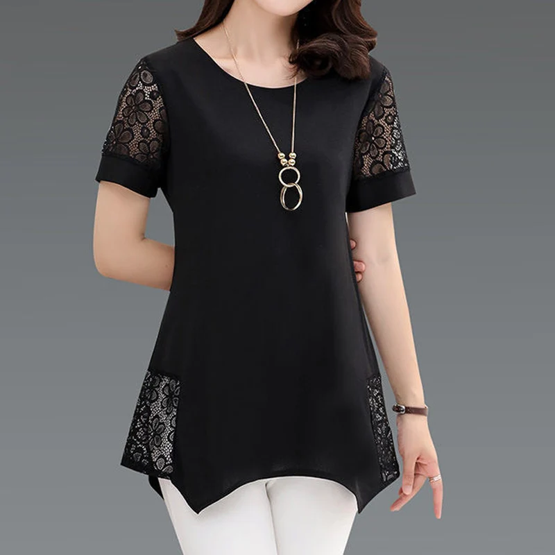 Summer New Lace Patchwork Short Sleeve Plus Size T Shirt Tops Solid Loose Versatile Pullovers Casual Fashion Women Clothing