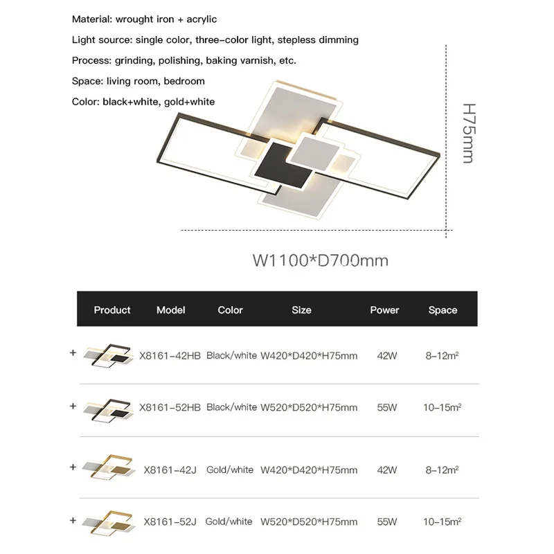 Estilo moderno LED Lustre Para Sala De Estar, Sala De Jantar, Lâmpada Do Teto Do Quarto, Retângulo Dourado, Design Simples, Luz De Controle Remoto