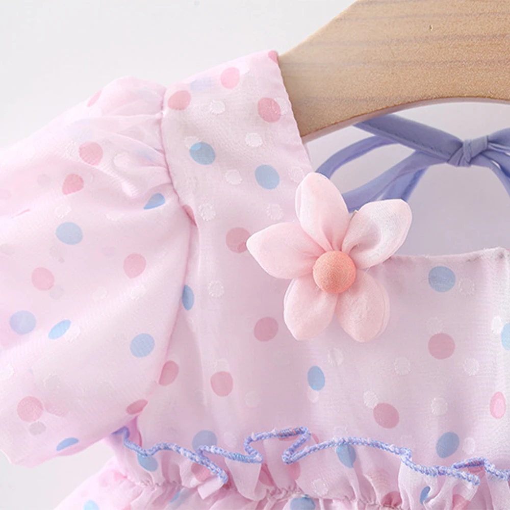 Summer New Girl\'s Back Ribbon with a Small Flower Colorful Dotted Yarn Dress Korean Edition Bubble Sleeves Princess Dress