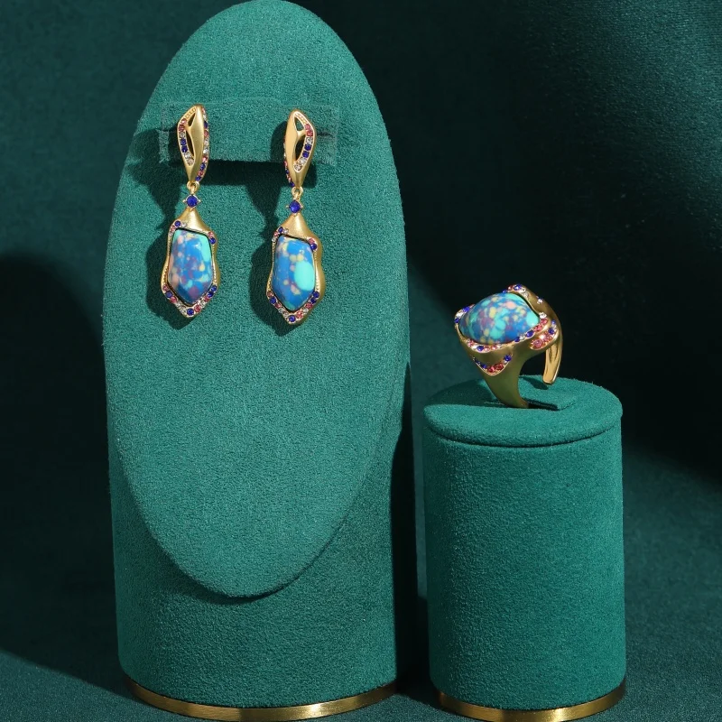 Vintage Alien Resin Geometry Blue Jewelry Sets 18k Gold Plated Earrings Ring High Quality Luxury Elegant Daily Gift For Women