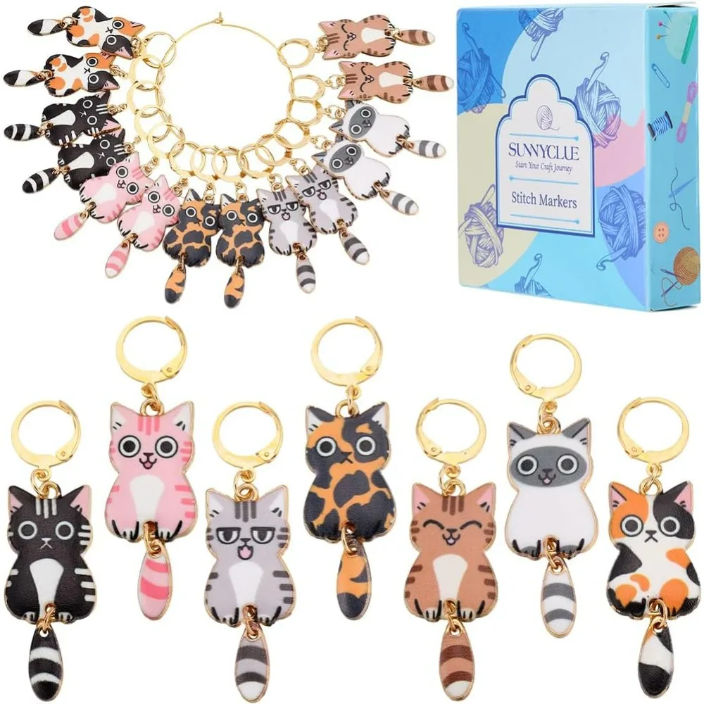 14Pcs 7 Styles Knit Stitch Marker Charm Cat Crochet Markers Cute Enamel Alloy Small Locking Stitch Marker Planner making kit