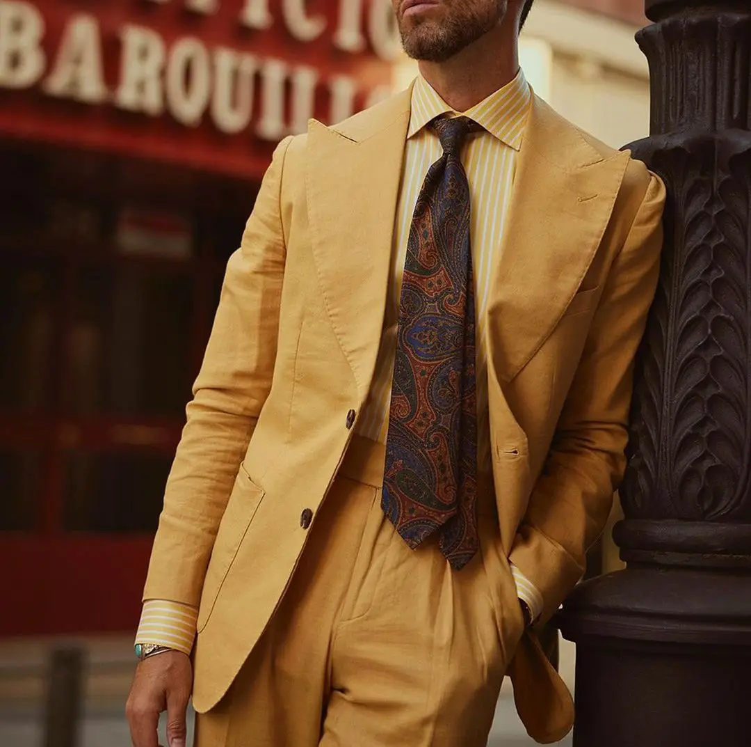 

Yellow Men's Two-Piece Suit Coat Pants Dinner Party Wear Slim Fit Wedding Clothing Christmas New Year Clothes Tailored Outfit