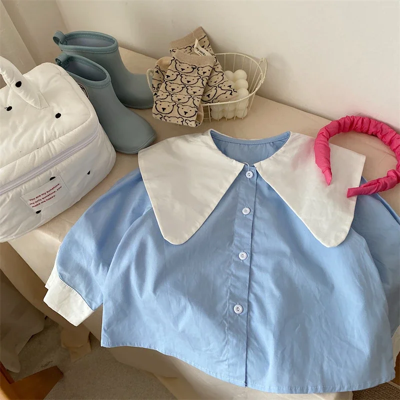 

Children's Blue Turtleneck French Simple and Fashionable Girl Shirt Color Matching Casual Top