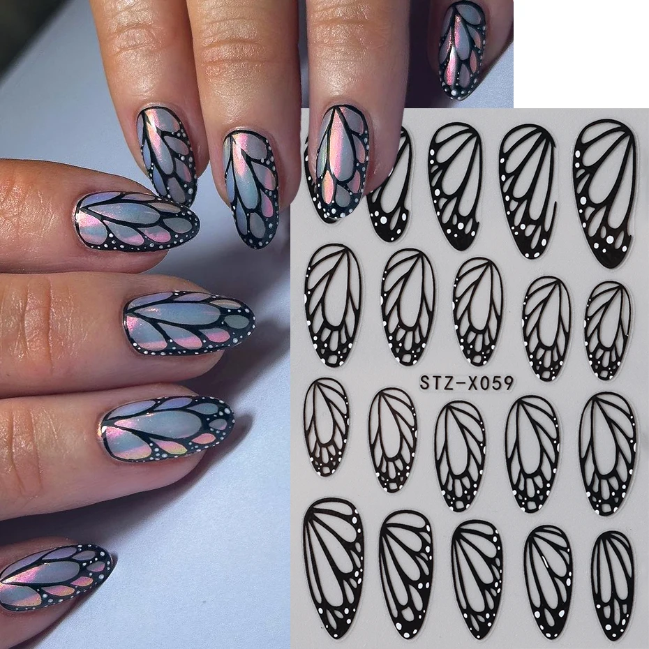 Atemberaubende schwarze Schmetterlingsflügel-Nagelaufkleber, Charm-Nageldesigns, selbstklebende Slider-Folien, Abziehbilder, Nagelkunst-Dekorationen, Maniküre