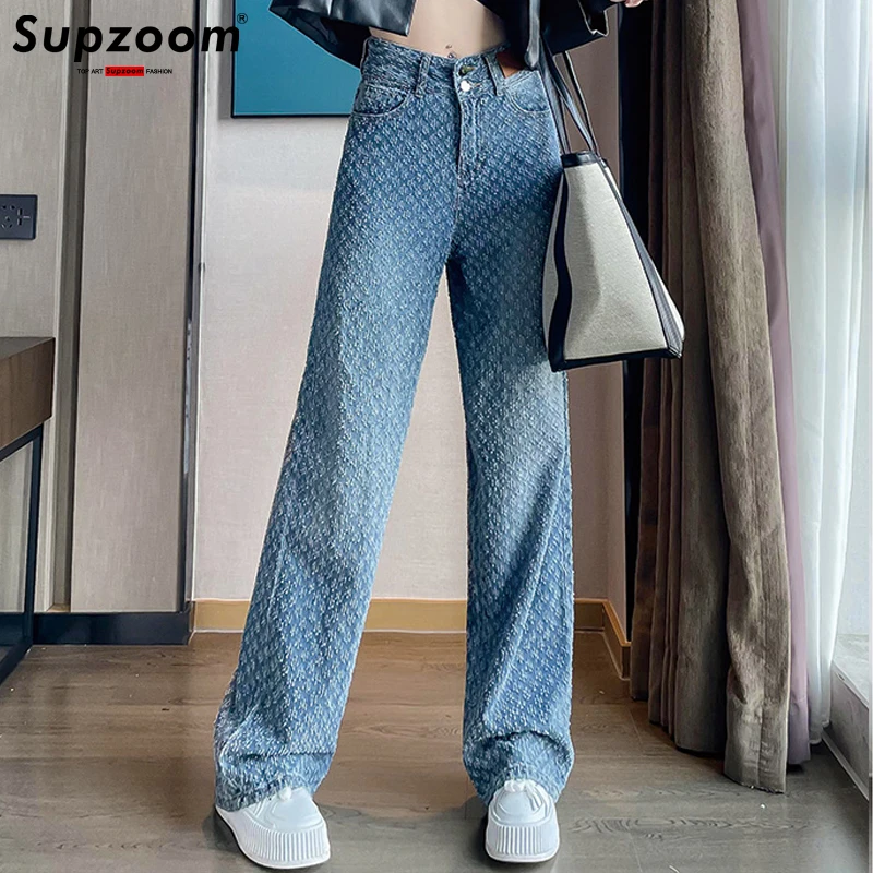 Supzoom 2022 New Arrival Top Fashion Autumn Washed Light White Personalized Hole Patch Cloth Casual Loose Denim Women Jeans