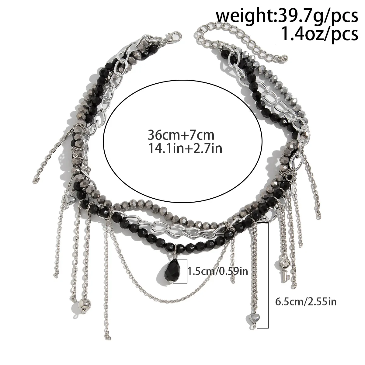 Retro Water Drop Key Heart Shaped Round Bead Tassel Pendant Necklace 2025 Multi Layer Black Crystal Girl Fashion Jewelry