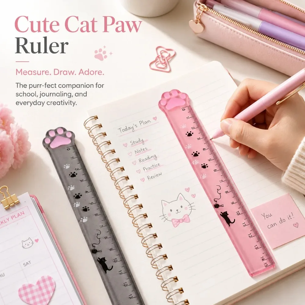 2/4/8 Pcs Cute Cat Paw Ruler Plastic Straight Ruler Cat Print Measuring Scale Student School Office Stationery Supplies Gift