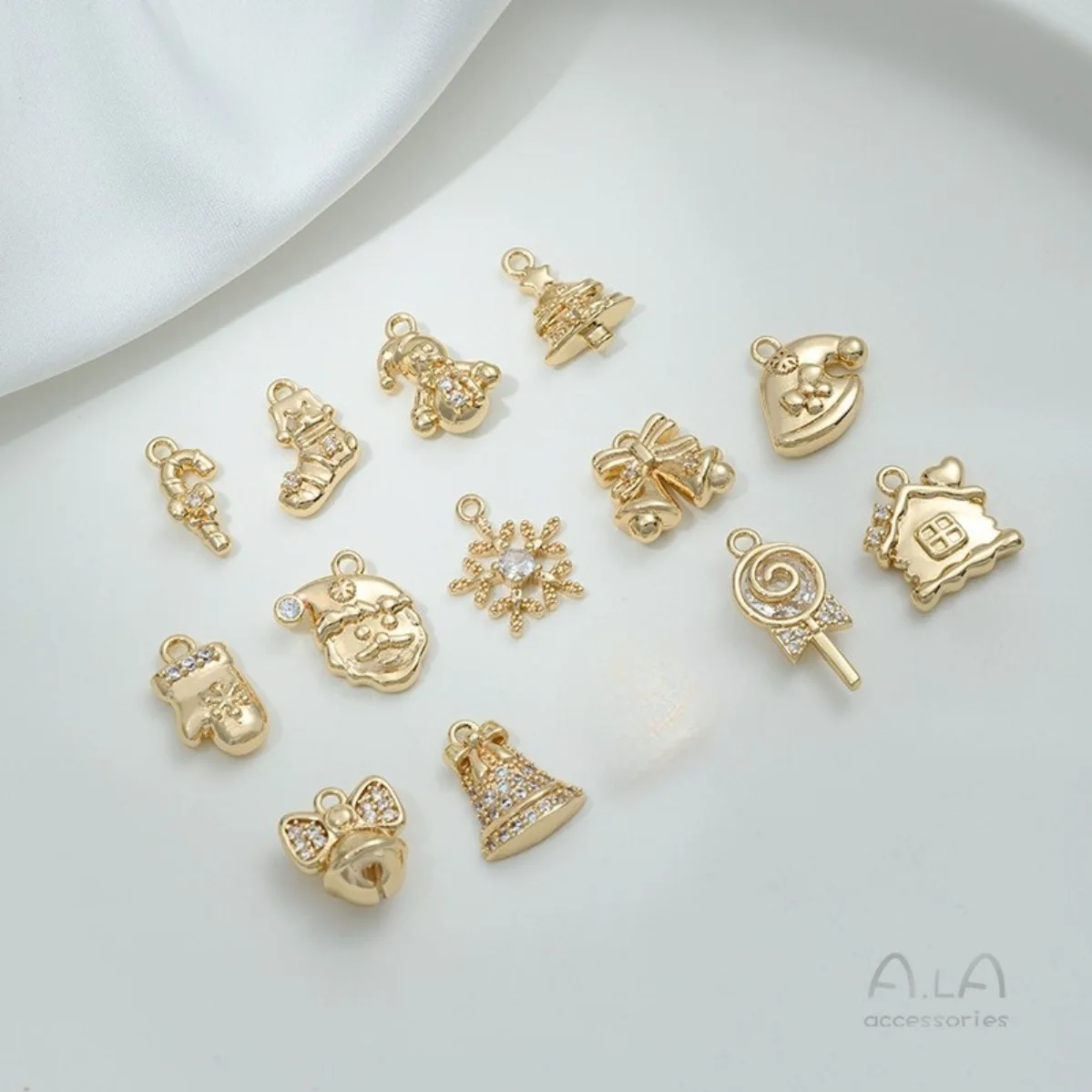 Brass 14K Gold Plated Christmas Bell Snowman Glove Lollipop Charms Pendant DIY Jewelry Making Accessories