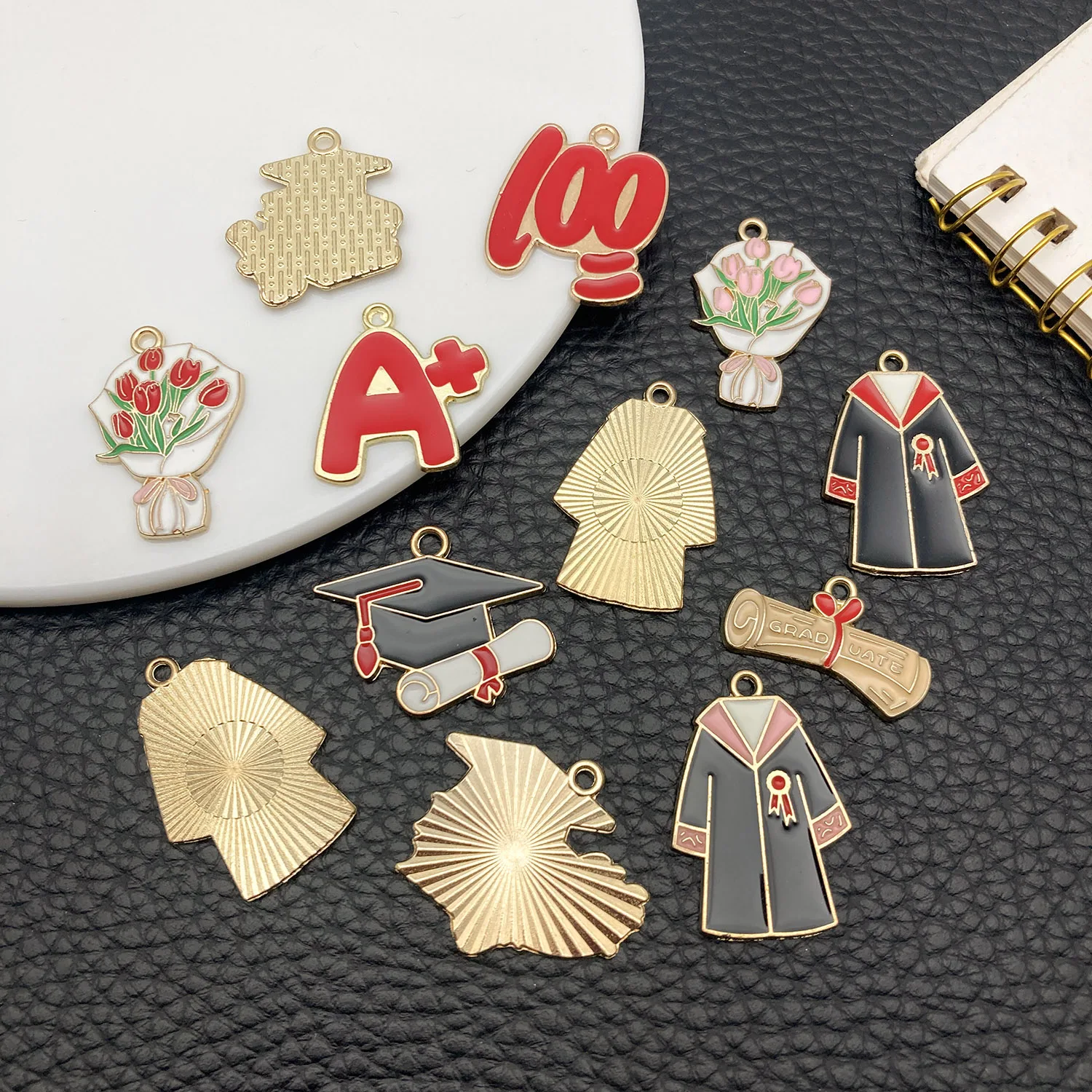  5/12Pcs Enamel Graduation Flower Hat Charms Pendant for Necklaces Earrings DIY Jewelry Making Decorations Accessories Findings