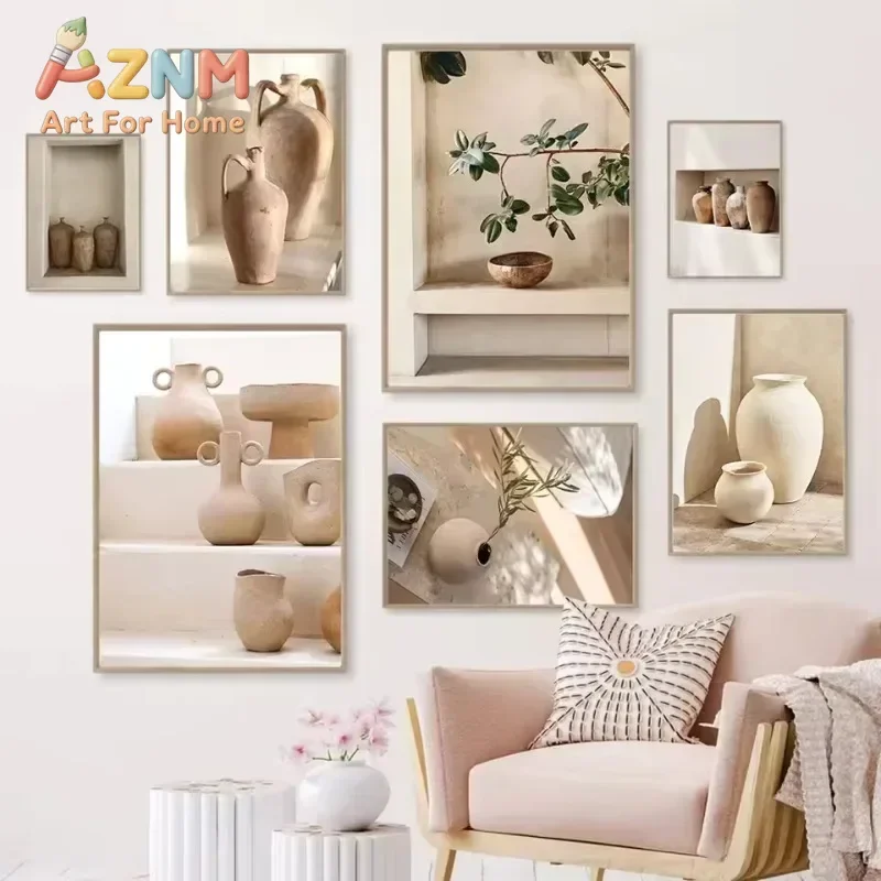 AZNM Wabi Sabi Clay Vase Canvas Wall Art, Frameless, Rustic Pottery Still Life Print for Home Office Decor