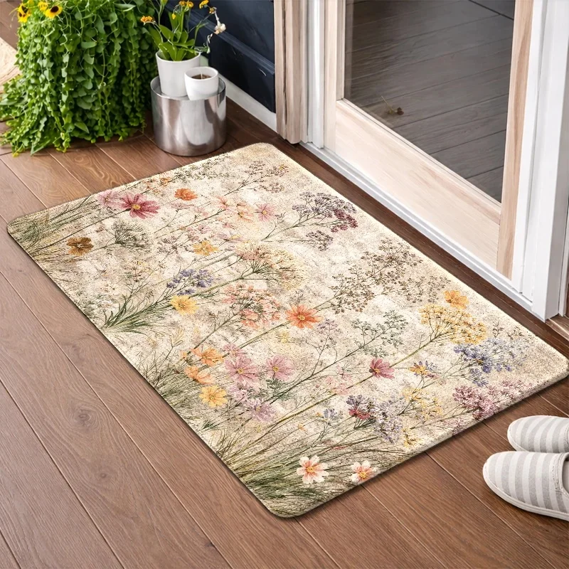 Bohemian Wildflower Floral Meadow Pattern Rectangular Area Rug Boho Chic Cottage Style Neutral Beige Living Room Decor Runner Ma