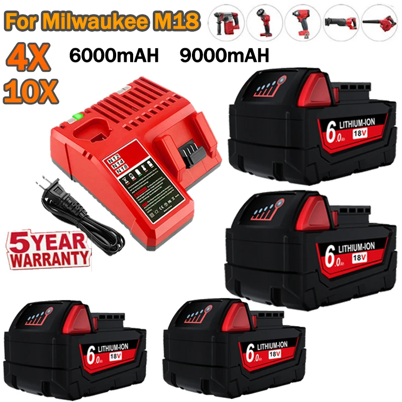 Bateria do Li-íon da substituição para Milwaukee, 18V, M18B5 XC, 6000mAh, 9000mAh, 48-11-1815, 48-11-1850, 2604-22, 2604-20