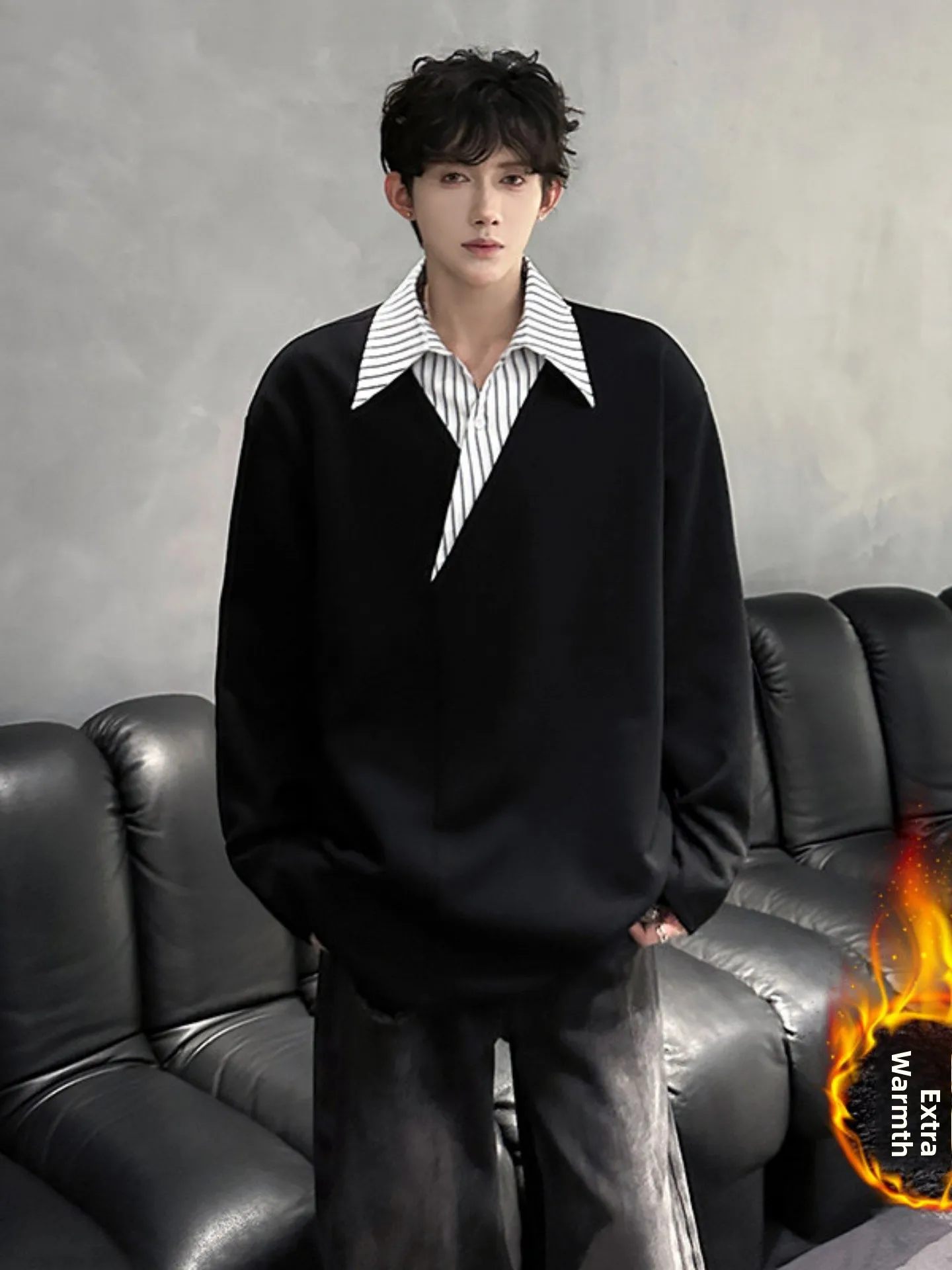 

Men's Fce Lined Thiened Long Sve T-irt Winter Base Layer irt V-Ne Stripe Patchwork Faionable Casual Top