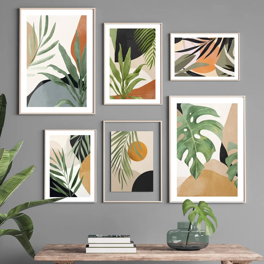 1pc frameless Canvas Painting Boho Tropical Leaf Wall Art Abstract Monstera Palm Prints Neutral Green Beige Canvas Posters Moder