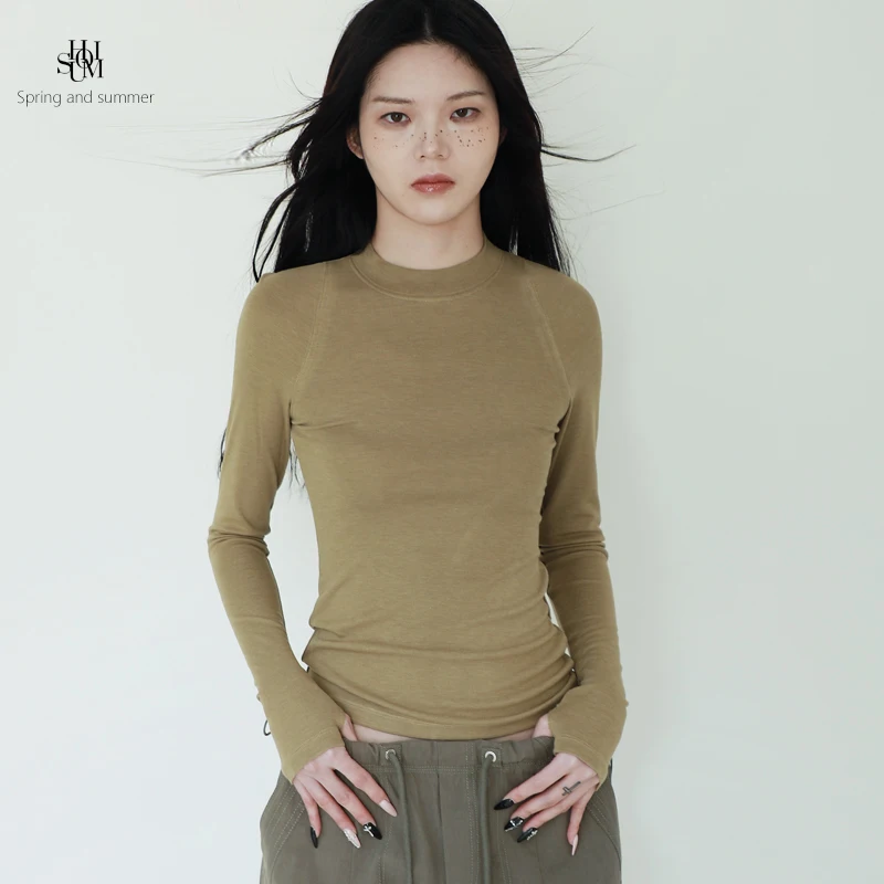 

American Sle Long Sve Woolen T-irt Women's High Elastic Slim Fit Casual Sport Base irt f High Collar eep irt