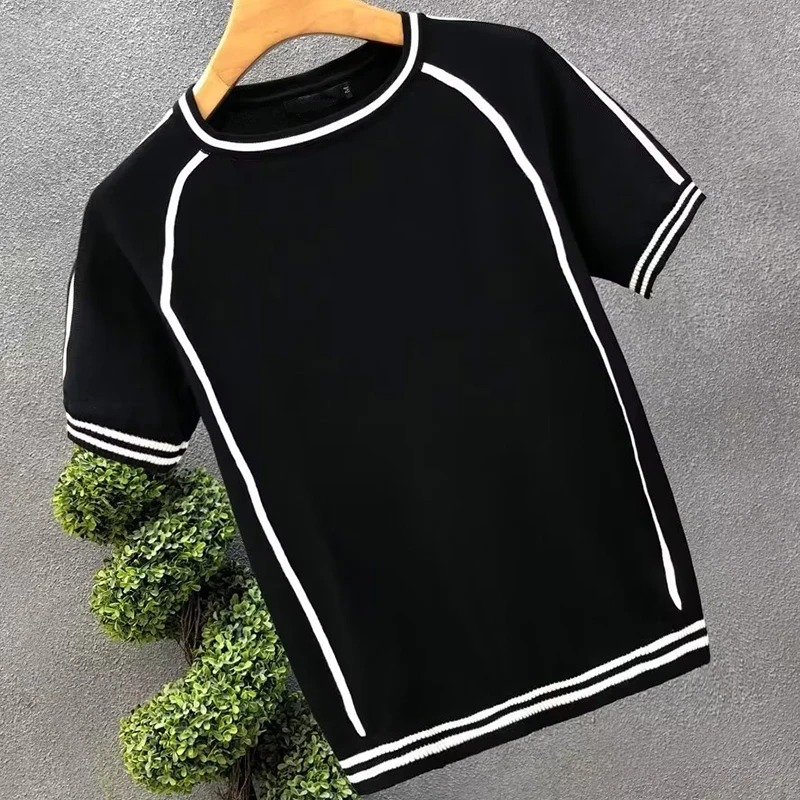 Irregular Lines Herren-Strick-T-Shirt, Sommer, Schwarz, Weiß, Kontrastfarbe, Rundhalsausschnitt, kurze Ärmel, atmungsaktives Strick-T-Shirt – Detail 5