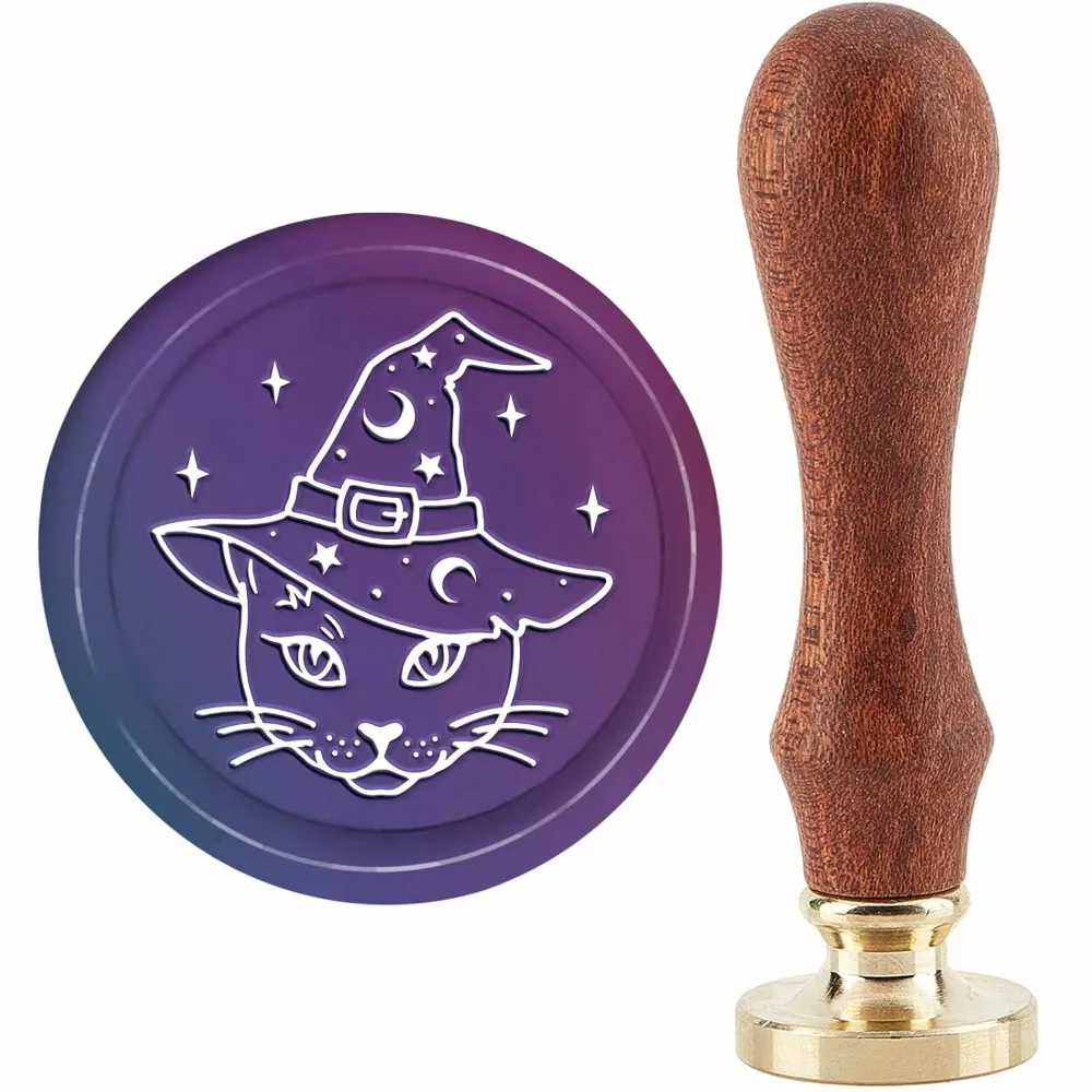 Magic Cat Wax Seal Stamp Halloween Sealing Wax Stamps Witch Hat 30mm Retro Vintage Removable Brass Stamp Head with Wood Handle