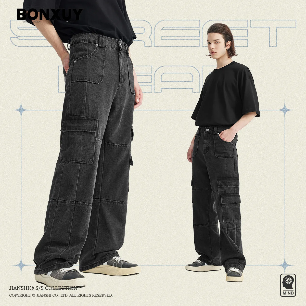 BONXUY Street retro workwear jeans for men with multiple pockets, trendy brand loose and versatile straight-leg wide-leg pants