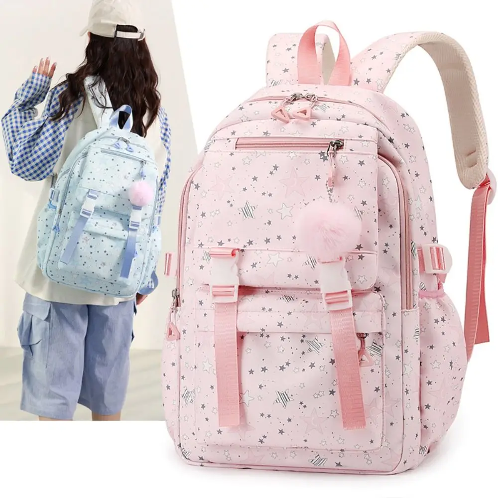 Cute Star Print School Backpack Adjustable Large Capacity Girls Schoolbag Multi-pockets Breathable Laptop Shoulders Bag Students