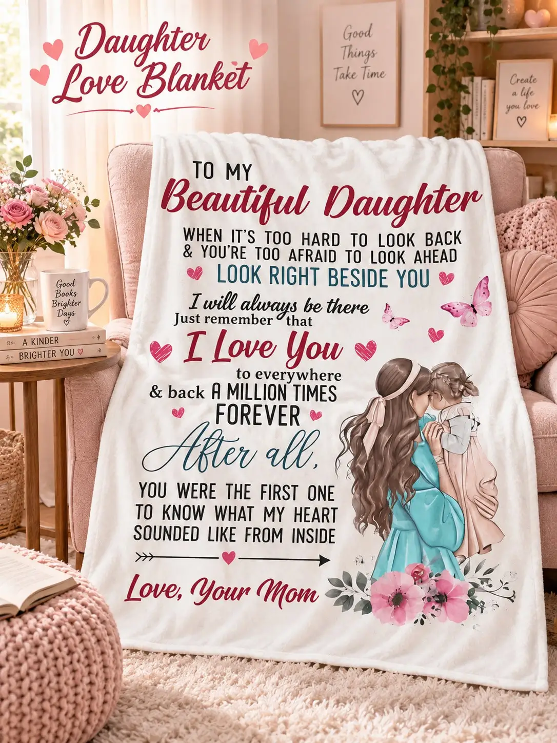 Daughter Flannel Blankets & Throws Mother Embrace Floral Message Gift From Mom for Birthday Christmas Thanksgiving Halloween Anniversary Holiday Sofa Bed Couch Nap Travel Reading Bedroom Living Room Home Decor Family Party Dorm Office Camping Picnic