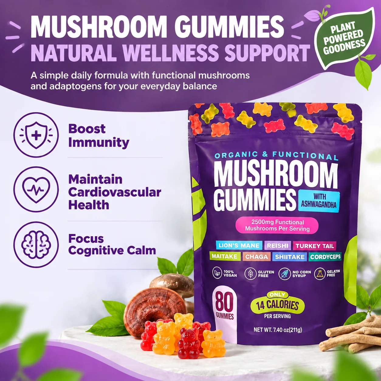 Mushroom Gummies Boost Immunity and Maintain Cardiovascular Health Focus Cognitive Calm Lion's Mane Ashwagandha Reishi 80pcs