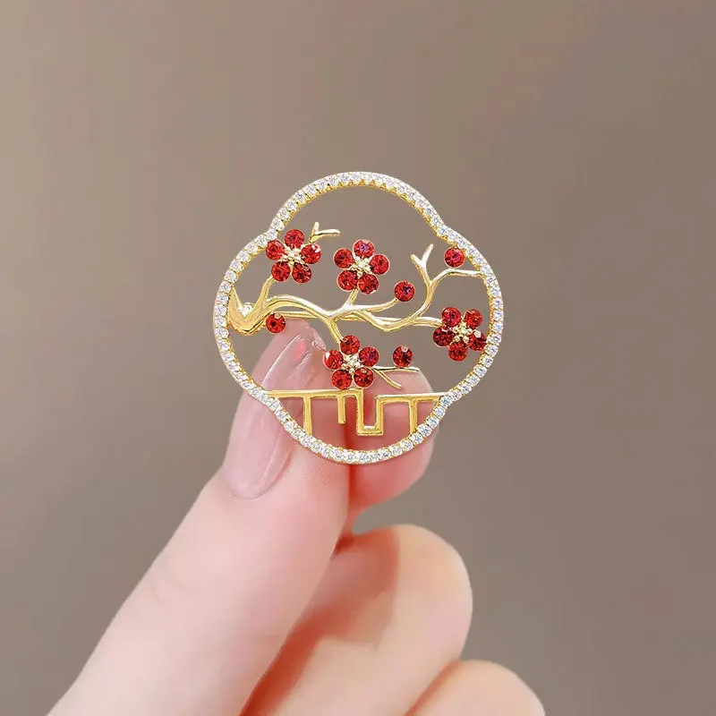 Trendy Plum Blossom Brooches For Women Crystal Flower Brooch Anti-glare Lapel Pin Fixed Clothes Pins Sweater Coat Accessories