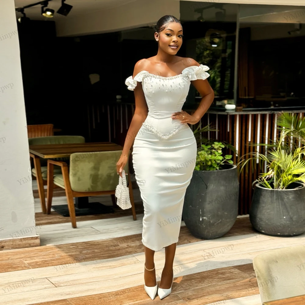 

Ivory Civil Wedding Dresses for Women Off Shoulder Corset Midi Length Beads Nigeria Court Bridal Evening Party Gowns Customized