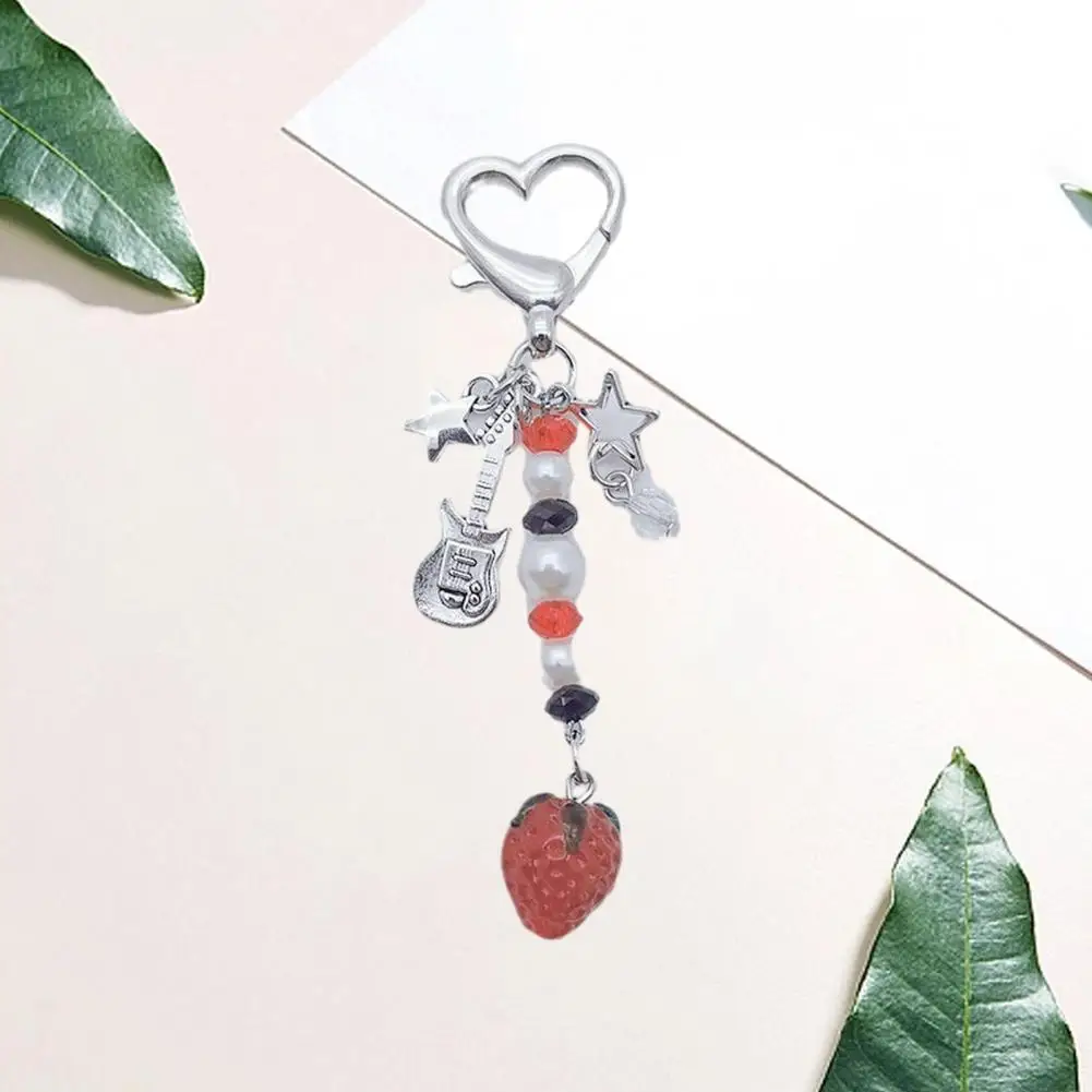 Cute Strawberry Pendant Sweet Style Beaded Strawberry Pendant Star Guitar Charm Stainless Shoulder Bag Decoration Schoolbag