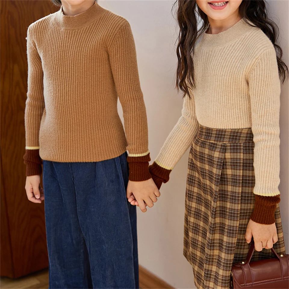 

Children 100% wool striped color matching knitted sweater Boys and girls stylish pullover bottomed shirt Round Neck Warm Sweater