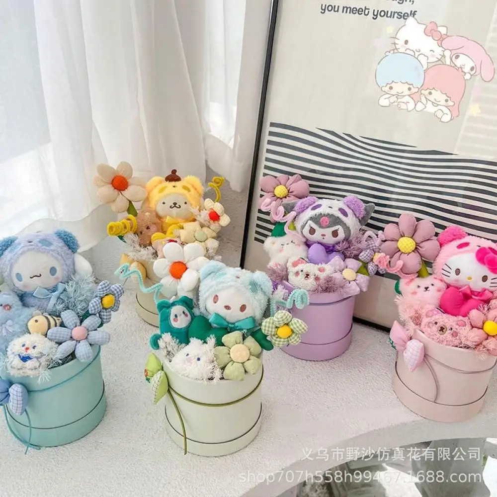 Cartoon Sanrioed Hello Kitty Cylinder Plush Doll Bouquet Anime Kawaii Kuromi Cinnamoroll Girl Birthday Christmas Girlfriend Gift