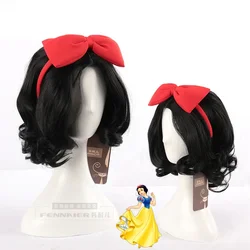 Halloween Women Snow White Princess cosplay Wig Stage Role Play black wavy hair with red bowknot hairband