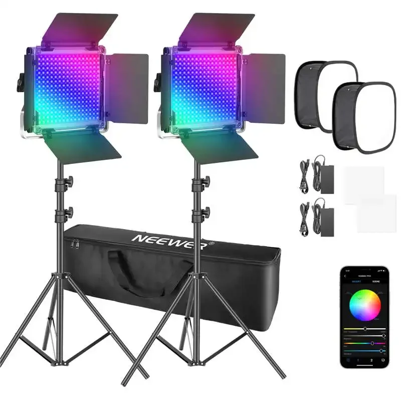 

Neewer 2 упаковки 530/660 PRO RGB светодиодная видеолампа с комплектом софтбокса управления через приложение, полноцветное 360 градусов, видеоосвещение 50 Вт CRI 97