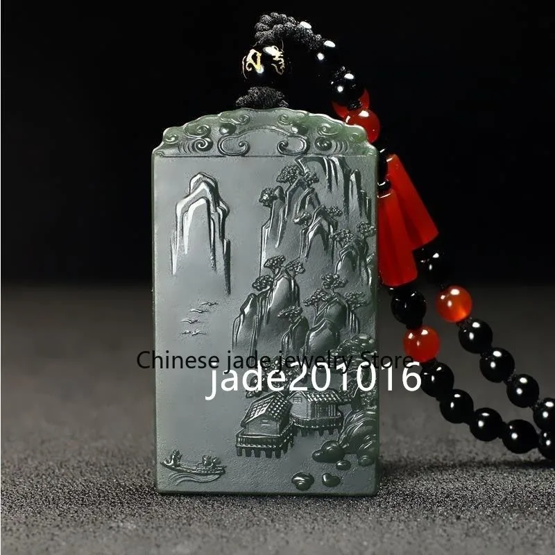 CERTIFIED100% NATURAL HOTAN RIVER JADE HAND CARVED LANDSCAPES PENDANT 32*52*8mm