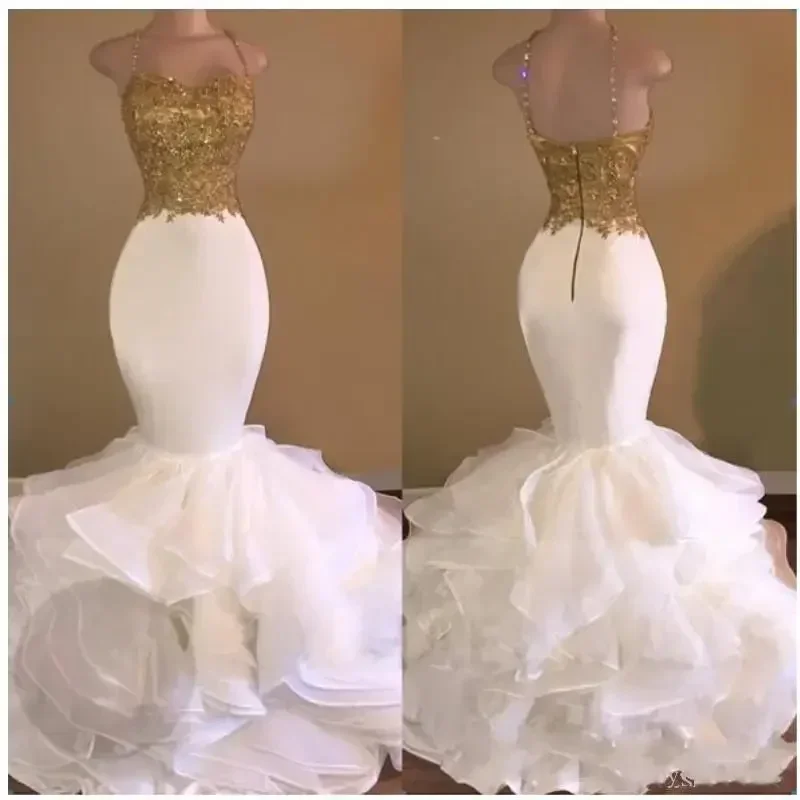 

Customized Sparkly Spaghetti Strap Gold Lace Appliques Wedding Gowns Sweep Train Organza Ruffles Mermaid Bridal Dresses