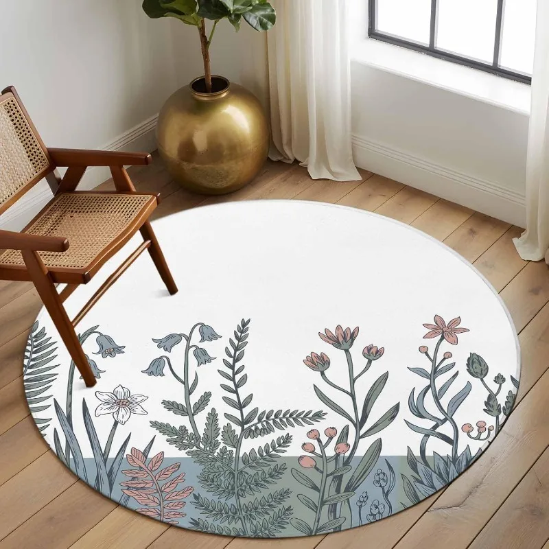 Botanical Round Rug with Floral Leaves Print – Fresh Natural Plant Pattern Anti-Slip Mat for Modern Living Room Decor