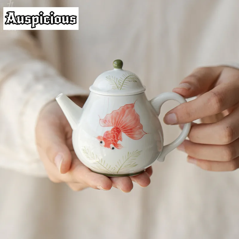 Hand Drawn Red Carp Teapot Underglaze Color Pear-shaped Pot Ceramic Ball Hole Filter Pot Lid Holder Retro Tea Maker Teaware Gift