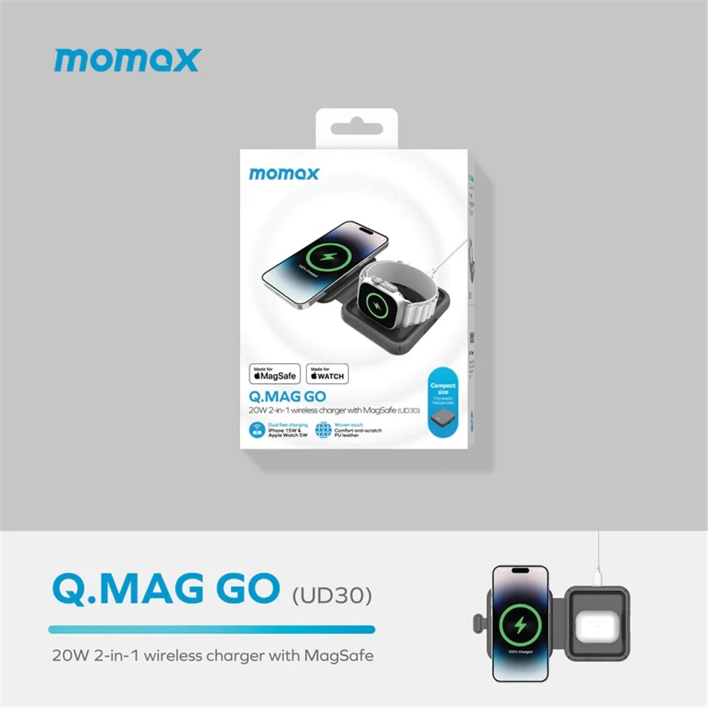 MOMAX Q Mag Go Folding MageSafe 2 in 1 Wireless Charger Magnetic Charging Station Compatible for iPhone Airpods Apple Watch