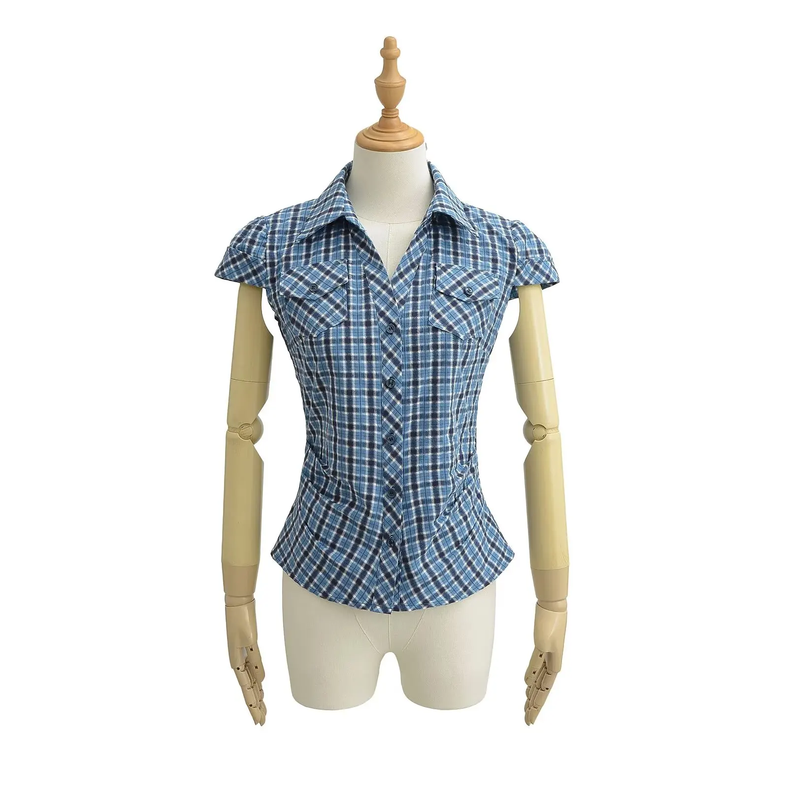 韓国風ウエストカットスリムフィット半袖シャツ レディース 夏新作 ポケット付きシャツ ピュアデザイアトップ 通勤スタイル 綿混紡