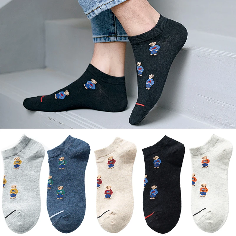 1 Pair Men\'s Socks Ankle Boat Cartoon Cute Bear Harajuku Short Socks Breathable Summer Business Personality Casual Gift 2 pairs