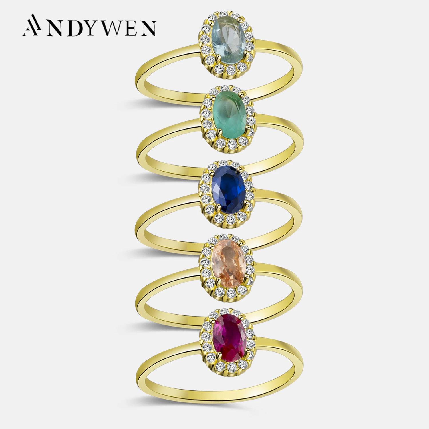 ANDYWEN 100% 925 Sterling Silver Gold Anillo Roseton Aguamarina Rings Women 5 Color Zircon Luxury Women Wedding Jewelry